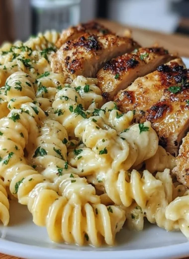 A delicious plate of Honey Garlic Chicken Pasta with herbs and garnishes
