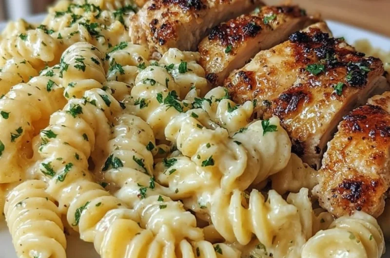 A delicious plate of Honey Garlic Chicken Pasta with herbs and garnishes