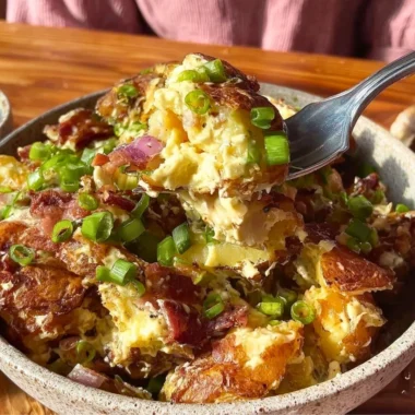 Delicious honey mustard crispy smashed potato salad with colorful toppings