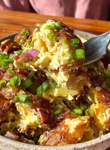 Delicious honey mustard crispy smashed potato salad with colorful toppings