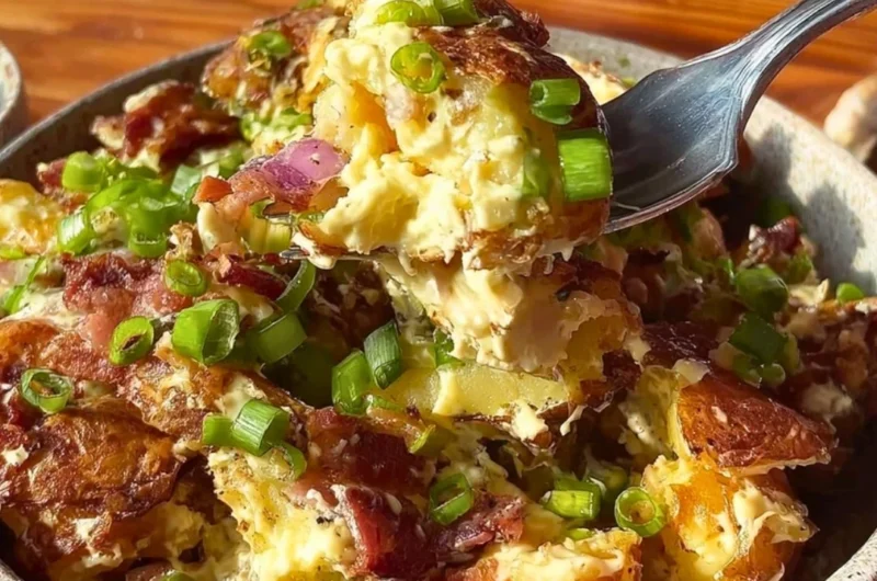 Delicious honey mustard crispy smashed potato salad with colorful toppings