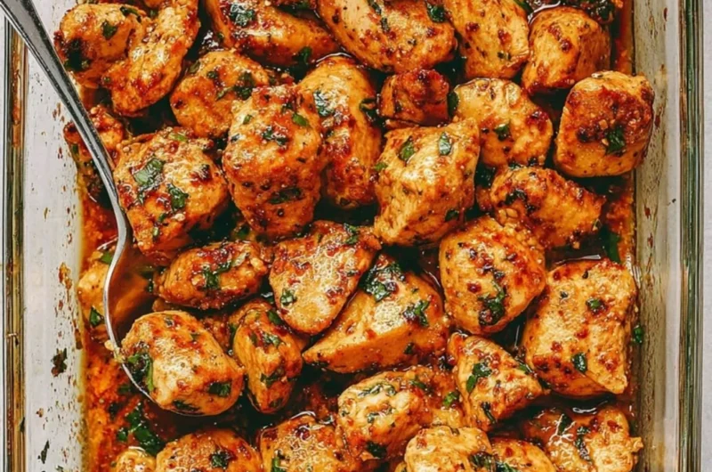 Plate of juicy oven baked chicken bites garnished with herbs