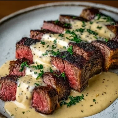 Juicy steak topped with creamy garlic sauce on a plate