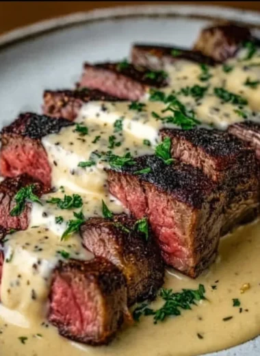 Juicy steak topped with creamy garlic sauce on a plate
