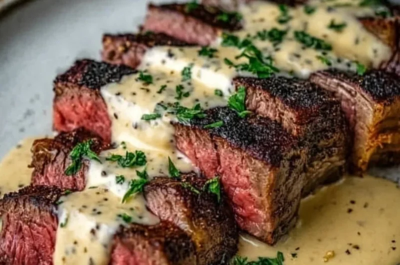Juicy steak topped with creamy garlic sauce on a plate