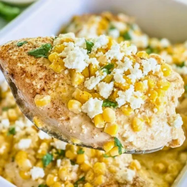 Delicious Mexican street corn chicken topped with creamy sauce and spices