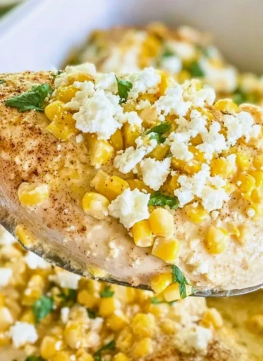 Delicious Mexican street corn chicken topped with creamy sauce and spices