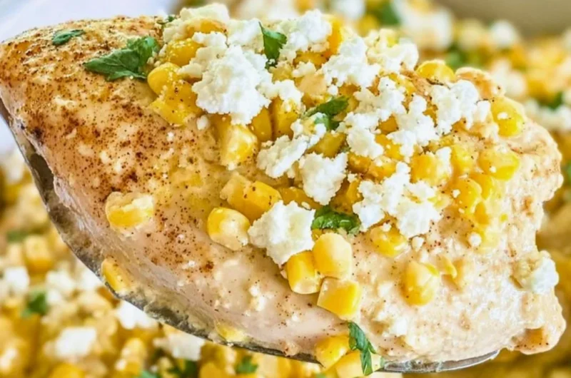 Delicious Mexican street corn chicken topped with creamy sauce and spices