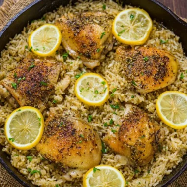 One Pot Greek Chicken and Rice dish served with herbs and lemon on a colorful plate