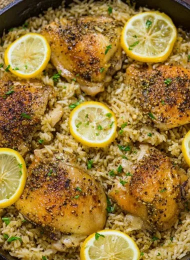 One Pot Greek Chicken and Rice dish served with herbs and lemon on a colorful plate