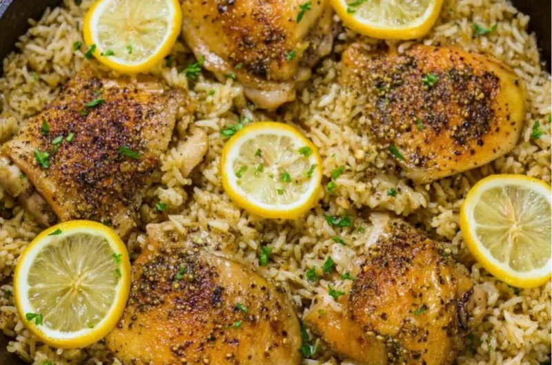 One Pot Greek Chicken and Rice dish served with herbs and lemon on a colorful plate