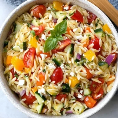 A vibrant bowl of Orzo Salad featuring fresh vegetables and herbs