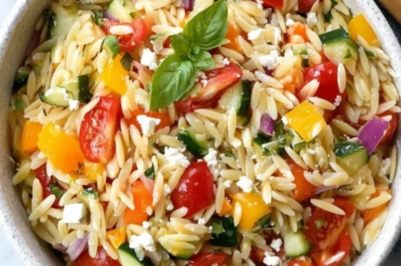A vibrant bowl of Orzo Salad featuring fresh vegetables and herbs