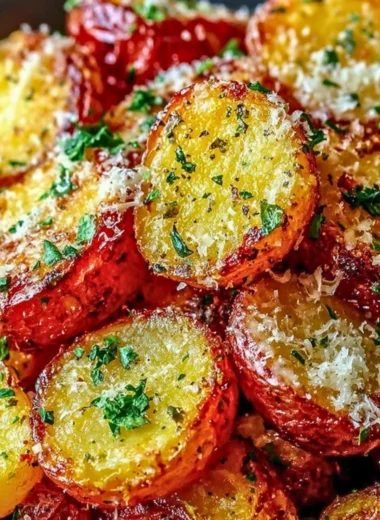 Crispy Parmesan roasted red potatoes served on a plate
