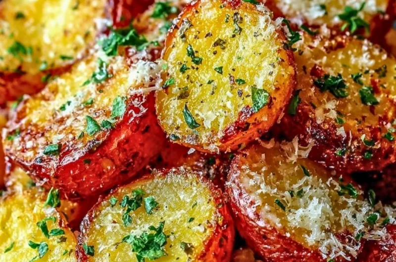 Crispy Parmesan roasted red potatoes served on a plate