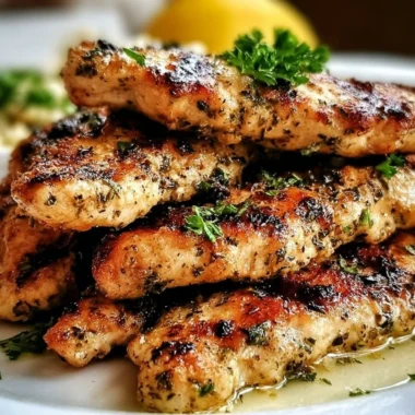 Plate of quick Mediterranean chicken tenders garnished with herbs