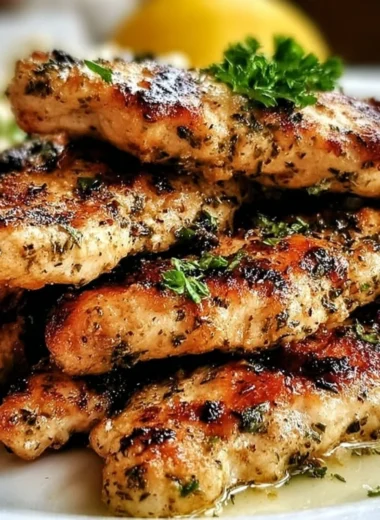 Plate of quick Mediterranean chicken tenders garnished with herbs