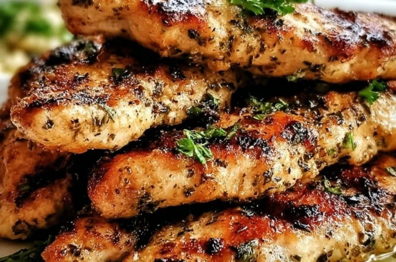 Plate of quick Mediterranean chicken tenders garnished with herbs