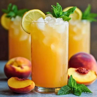 Glass of refreshing peach lemonade with fresh peaches and lemon slices