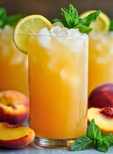 Glass of refreshing peach lemonade with fresh peaches and lemon slices