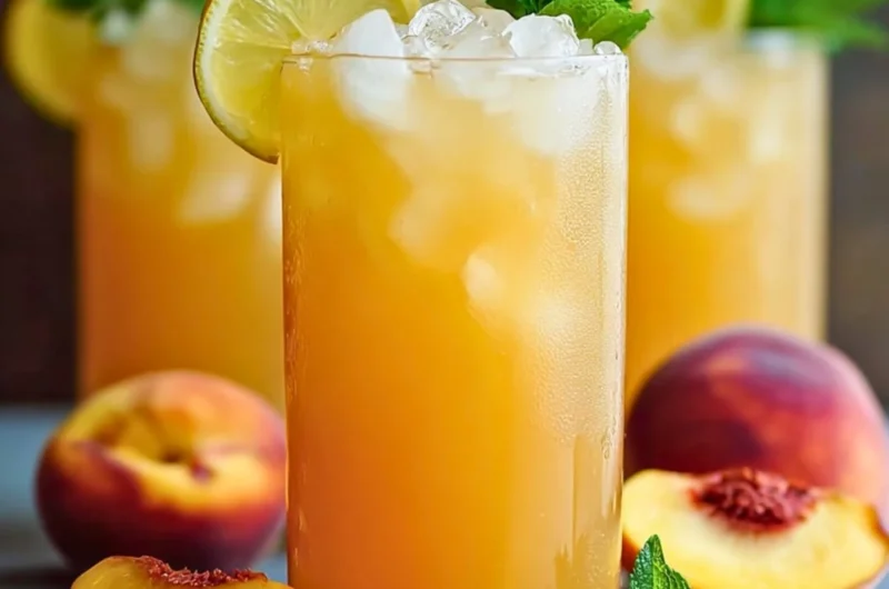 Glass of refreshing peach lemonade with fresh peaches and lemon slices
