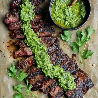 Skirt steak marinated in chimichurri sauce ready for grilling.