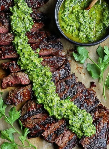 Skirt steak marinated in chimichurri sauce ready for grilling.