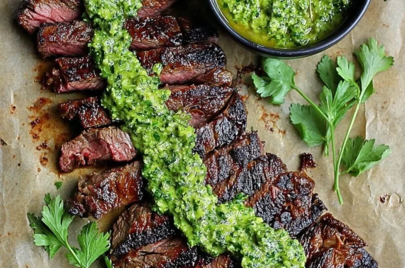 Skirt steak marinated in chimichurri sauce ready for grilling.