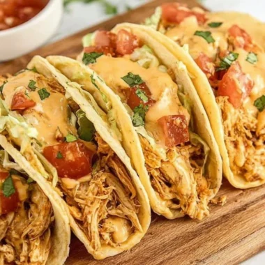 Delicious Slow Cooker Queso Chicken Tacos ready to serve.