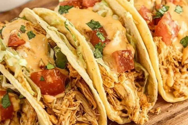Delicious Slow Cooker Queso Chicken Tacos ready to serve.