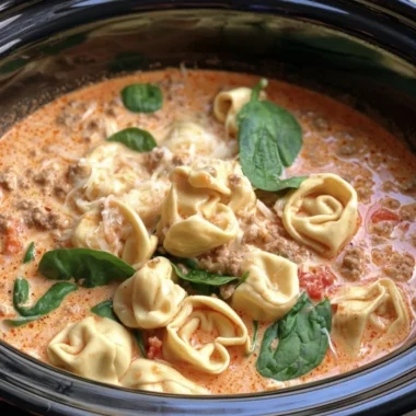 Delicious slow cooker tortellini and sausage soup in a bowl