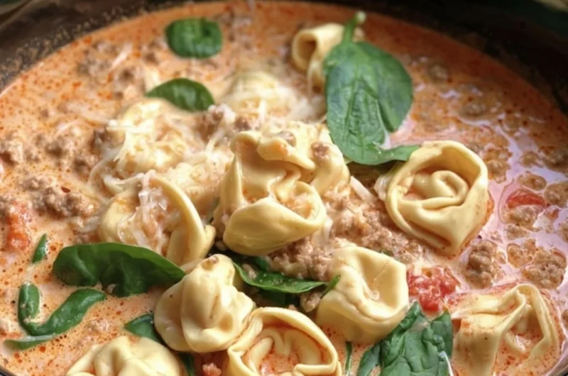 Delicious slow cooker tortellini and sausage soup in a bowl