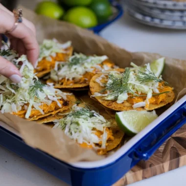 Smashed Buffalo Chicken Tacos with Ranch Slaw on a wooden serving board