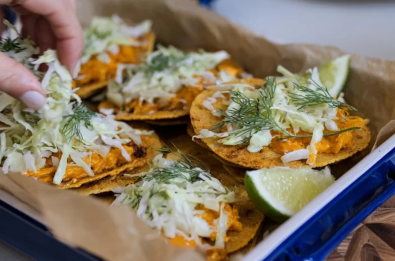 Smashed Buffalo Chicken Tacos with Ranch Slaw on a wooden serving board