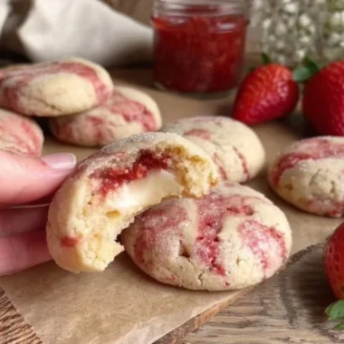 Delicious soft strawberry cheesecake cookies on a plate