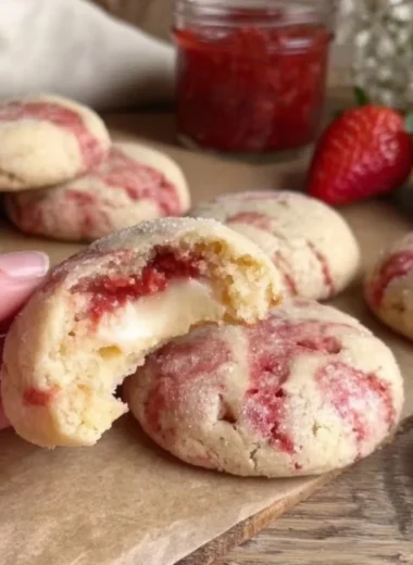 Delicious soft strawberry cheesecake cookies on a plate