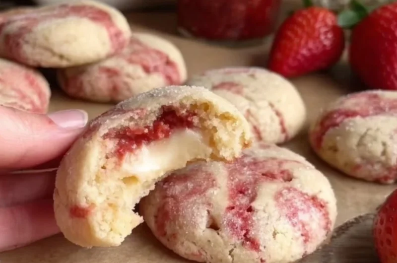 Delicious soft strawberry cheesecake cookies on a plate