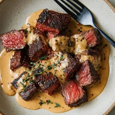 Juicy steak with creamy bourbon garlic sauce on a plate