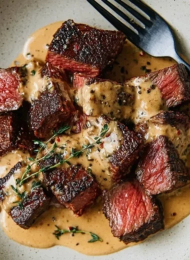 Juicy steak with creamy bourbon garlic sauce on a plate
