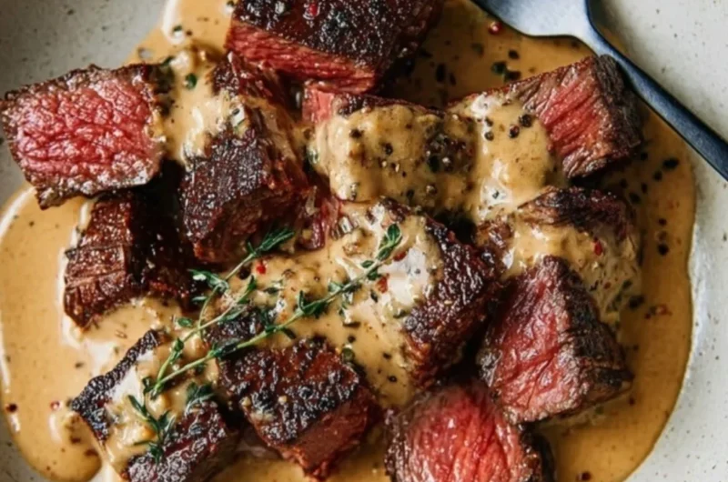 Juicy steak with creamy bourbon garlic sauce on a plate