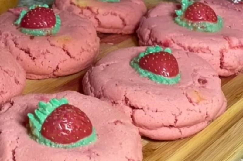 Delicious Strawberry Cheesecake Cookie Bars topped with fresh strawberries.