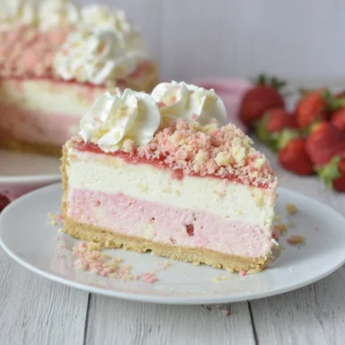 Delicious Strawberry Crunch Cheesecake with a crunchy topping and strawberry layers.
