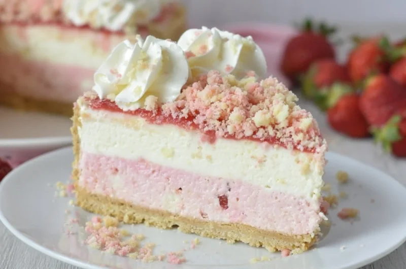 Delicious Strawberry Crunch Cheesecake with a crunchy topping and strawberry layers.