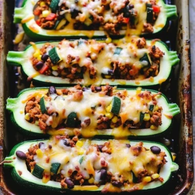 Taco zucchini boats filled with seasoned meat and fresh toppings on a plate.