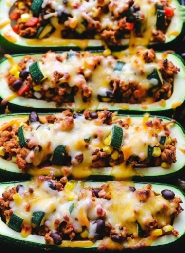 Taco zucchini boats filled with seasoned meat and fresh toppings on a plate.