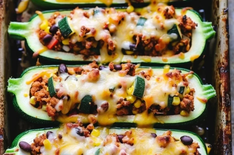Taco zucchini boats filled with seasoned meat and fresh toppings on a plate.