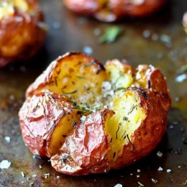 Delicious salty herbed smashed red potatoes ready to serve.