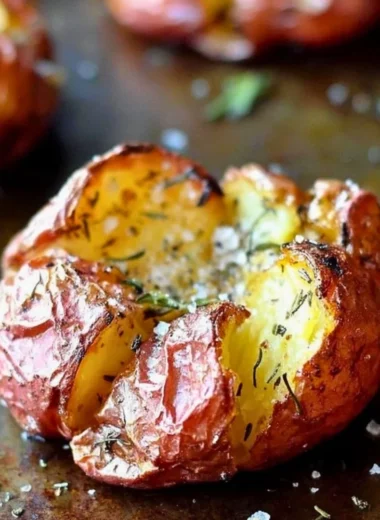 Delicious salty herbed smashed red potatoes ready to serve.