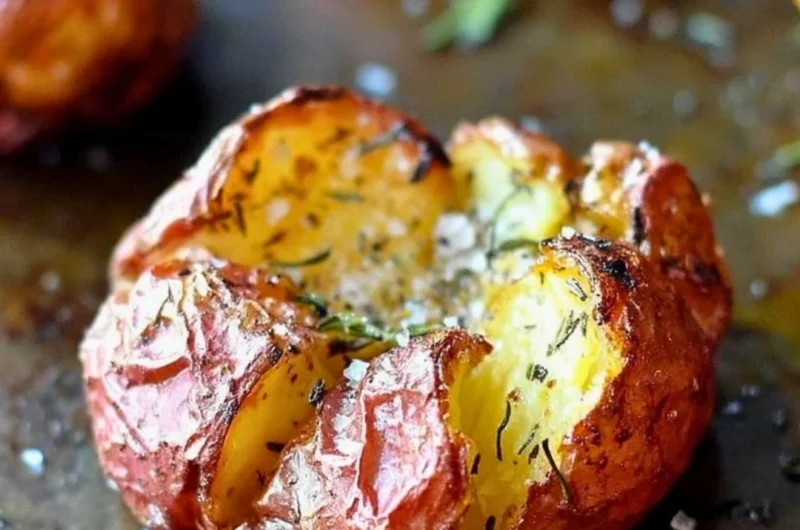 Delicious salty herbed smashed red potatoes ready to serve.