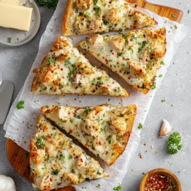 Delicious Chicken Alfredo garlic bread served on a wooden table
